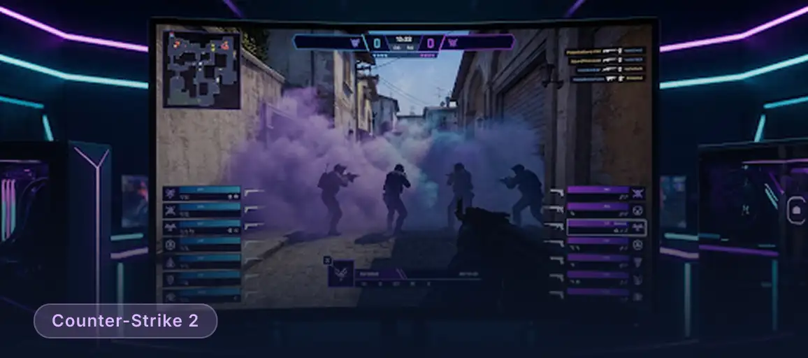 Zrzut ekranu z rozgrywki Counter-Strike 2 na zakrzywionym monitorze, pokazujący postacie graczy w gęstym fioletowym dymie na mapie.
